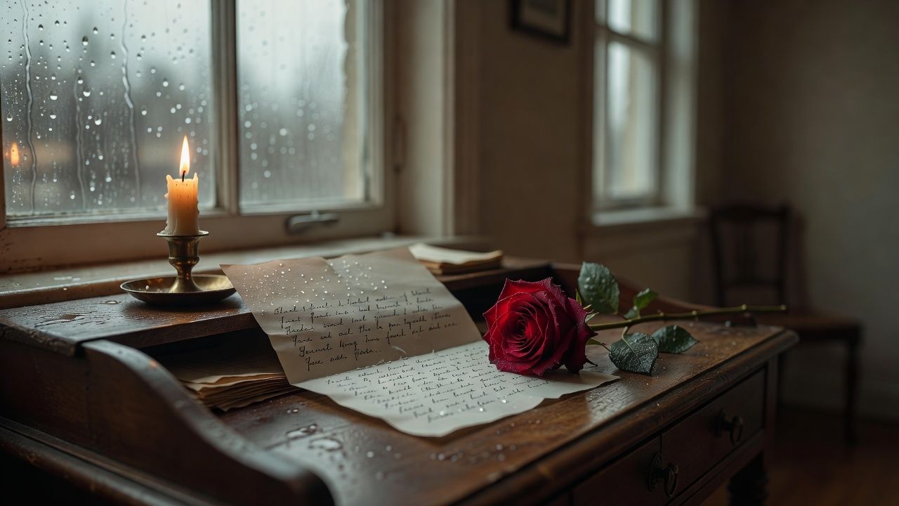 Open love letter and a single rose on a writing desk