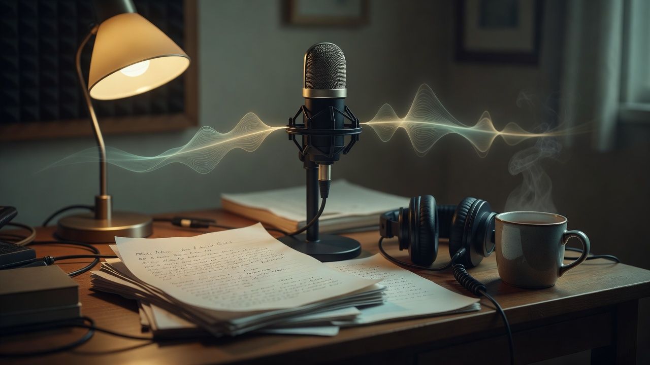 Manuscript pages beside headphones and a steaming mug of tea