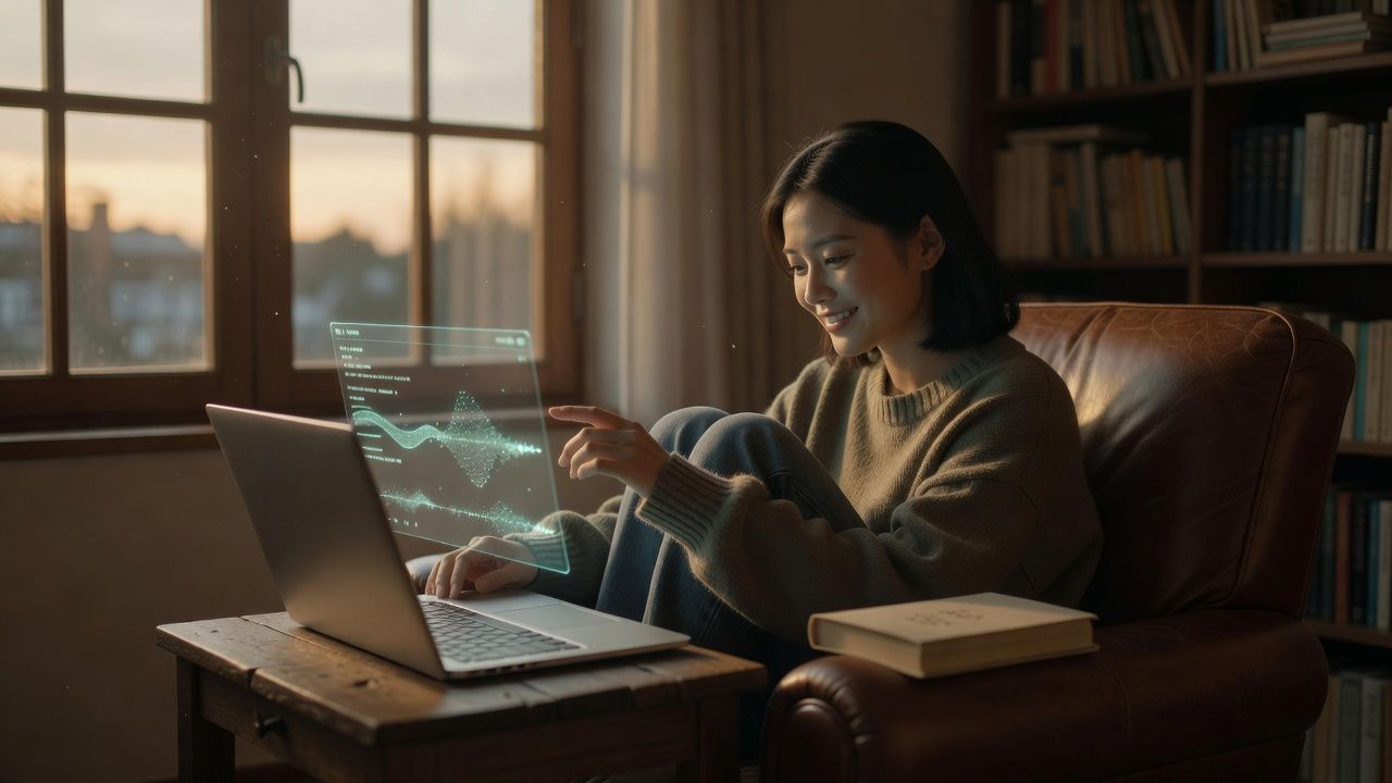 Reader curled in an armchair by a window at dusk with an open novel