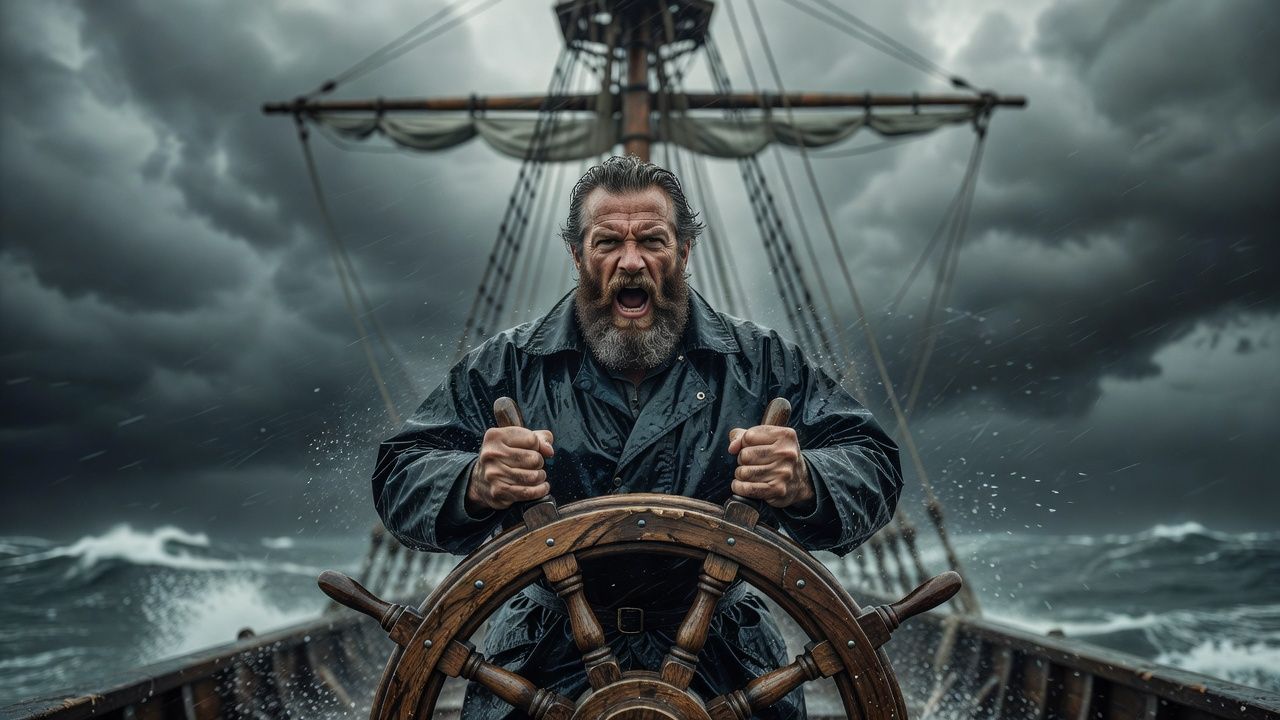 Bearded sailor at a ship wheel under a stormy sky and tall masts