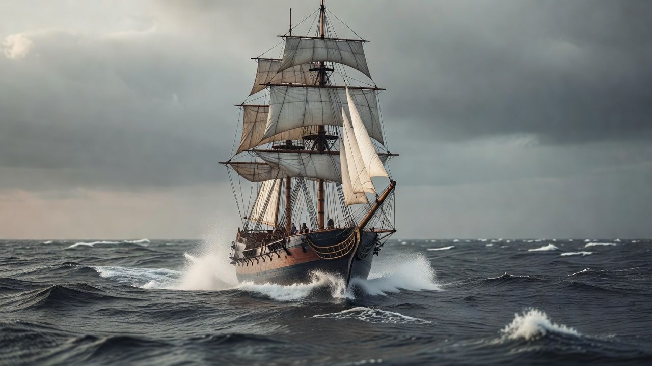 Tall sailing ship cutting through grey waves under a clouded horizon