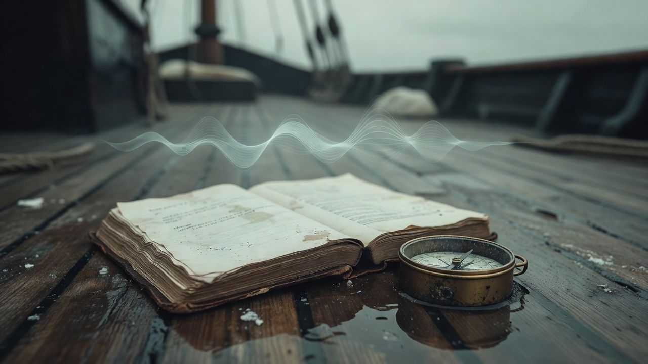 Weathered logbook and brass compass on a wooden ship deck