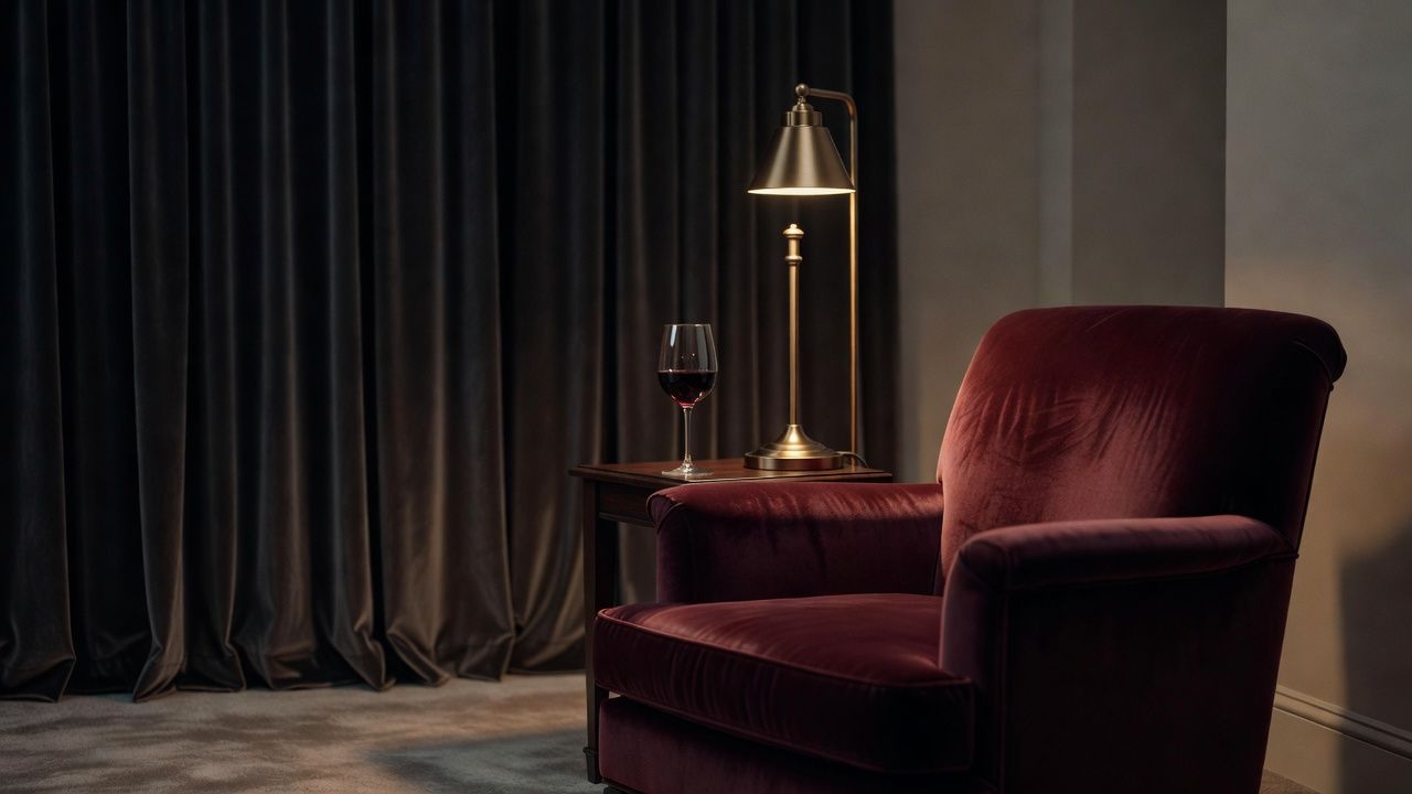 Velvet armchair beside a dimmed lamp and a glass of wine in a softly lit room