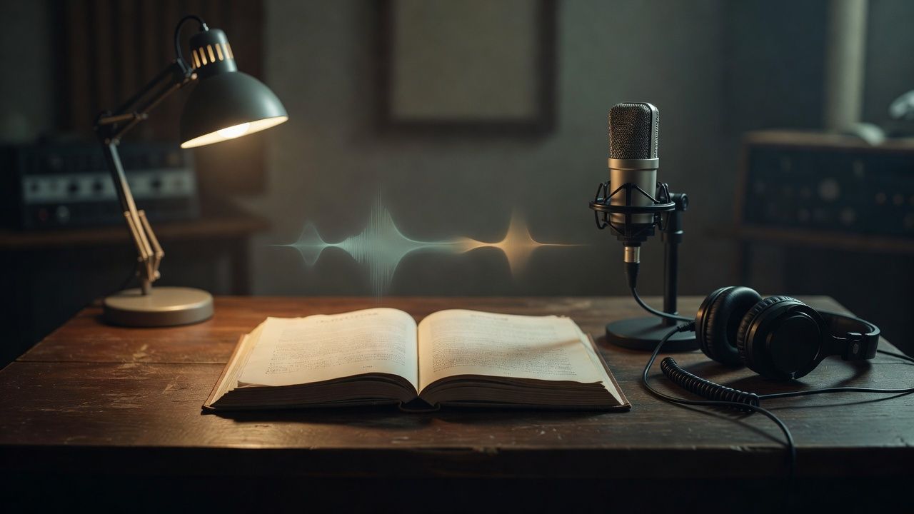 Open script on a desk beside studio headphones and a soft pool of lamplight