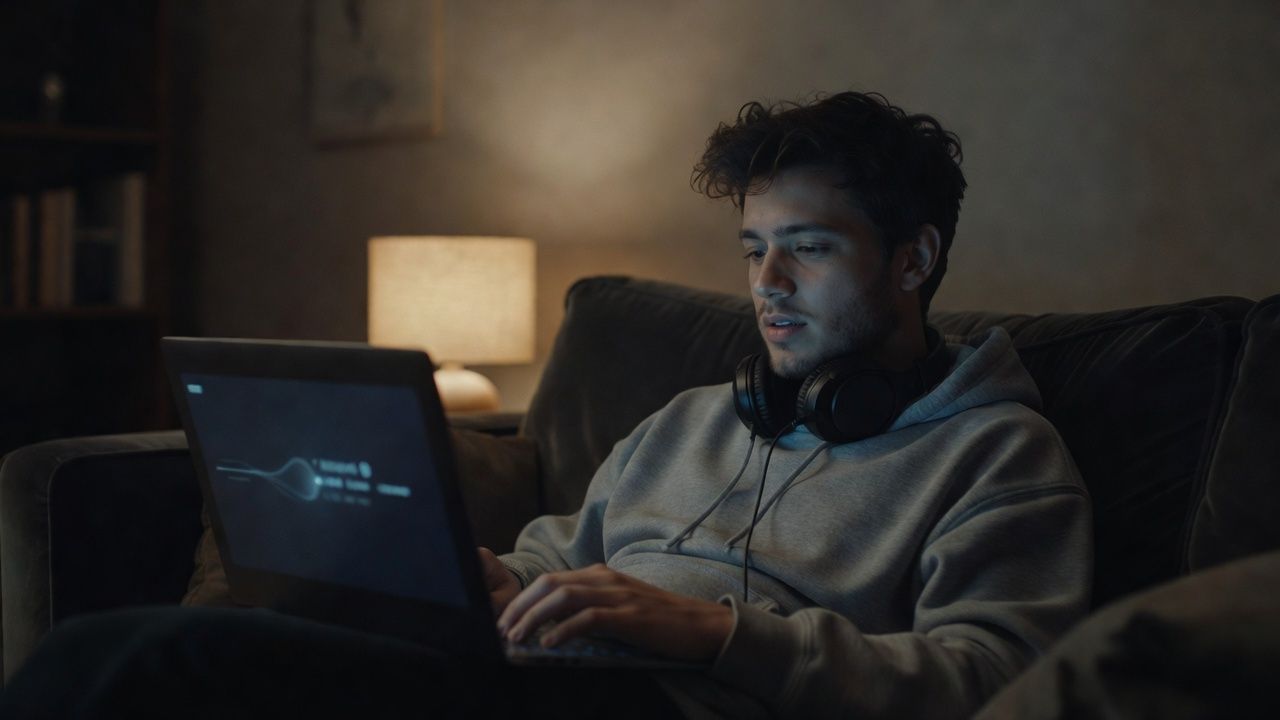 Listener relaxing in a darkened lounge with headphones and a low warm glow