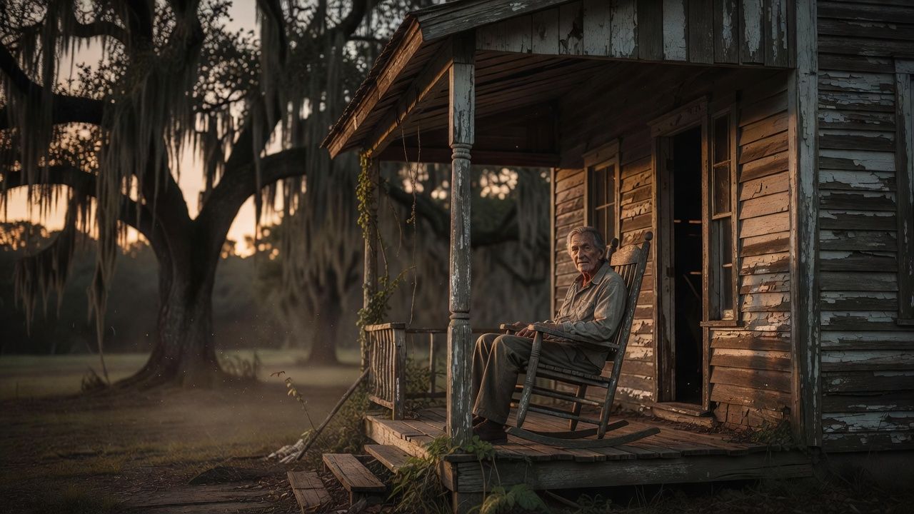 Figure rocking on a sagging porch of a weathered old house at dusk