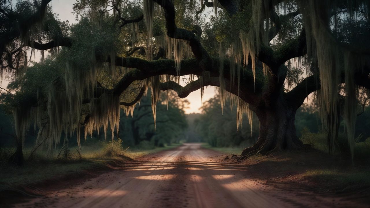 Moss-draped oak tree over a dirt road in fading evening light