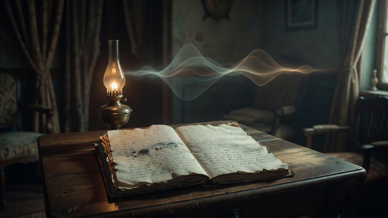 Open manuscript on a wooden table beside a flickering oil lamp