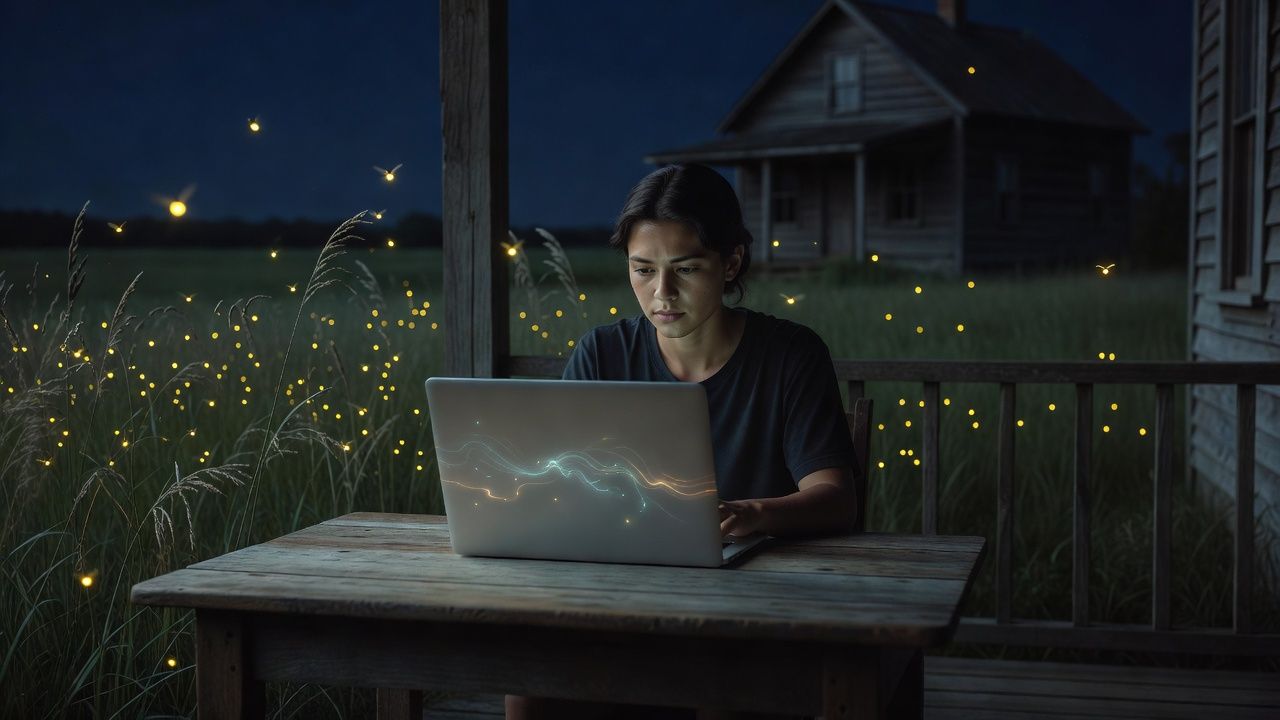 Fireflies over tall grass near a darkened farmhouse at night