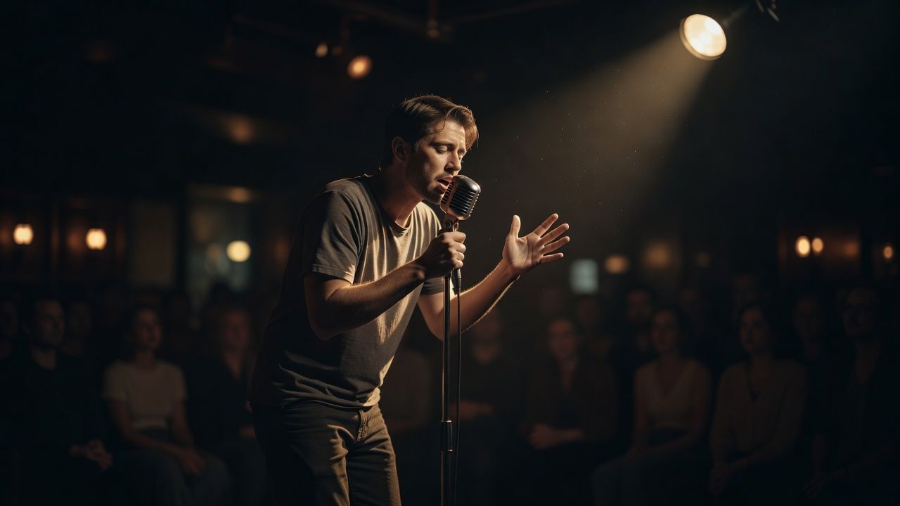 Performer at a single microphone under a warm stage spotlight