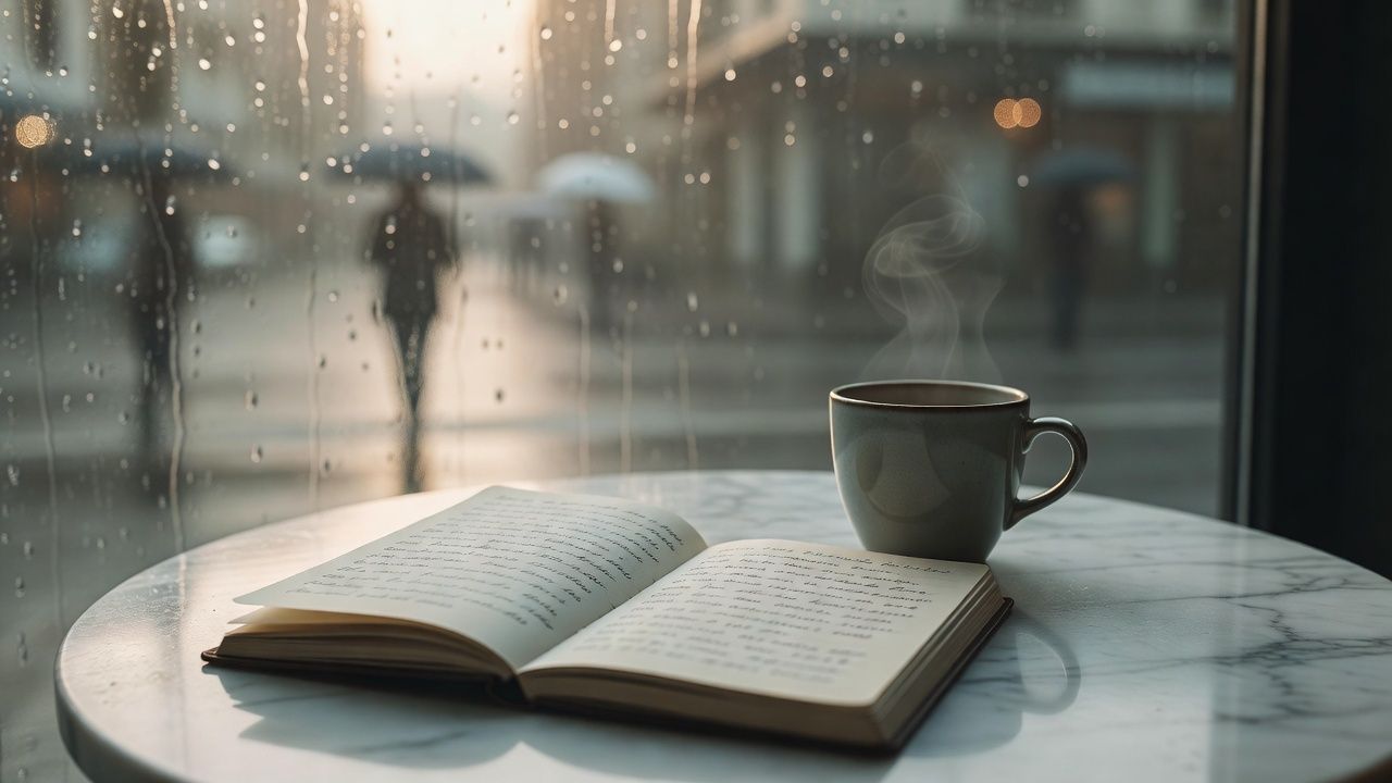 Open notebook of verse beside a coffee cup on a small cafe table