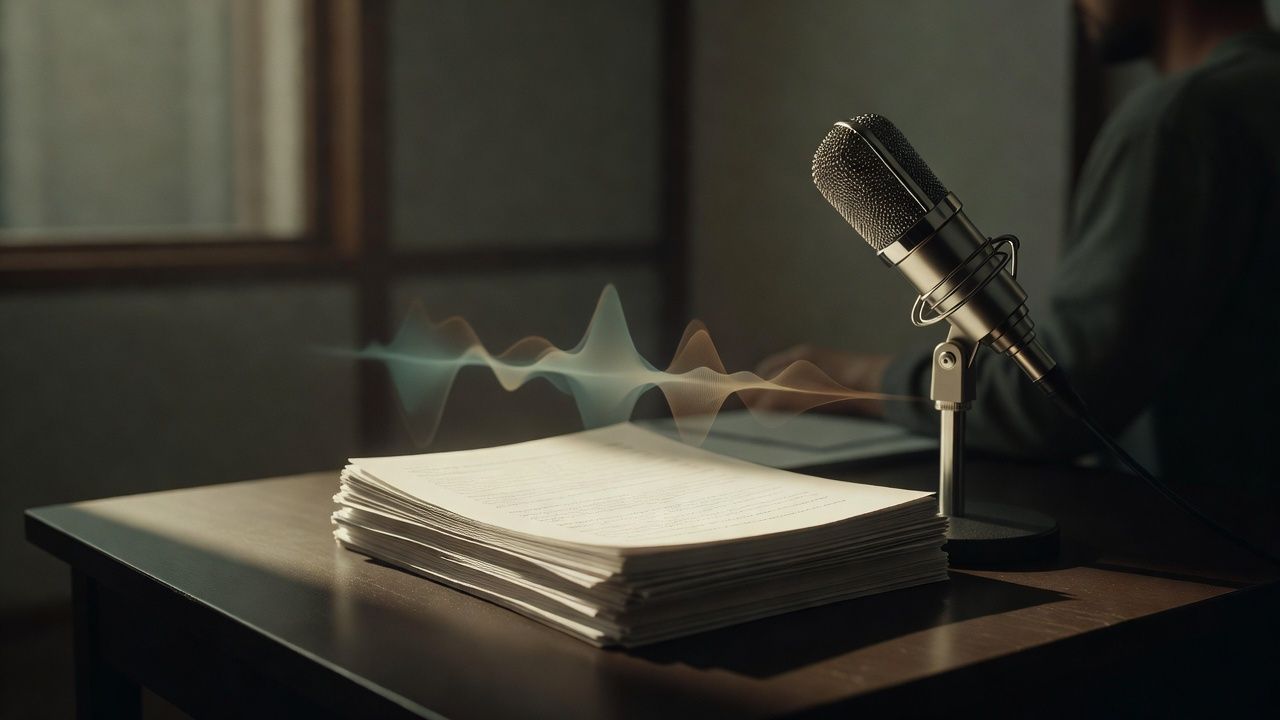 Typed poem pages on a desk beside studio headphones