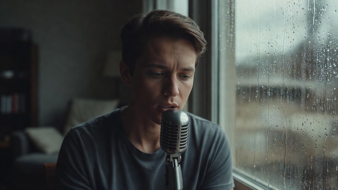 Person murmuring into a microphone by a rain-streaked window