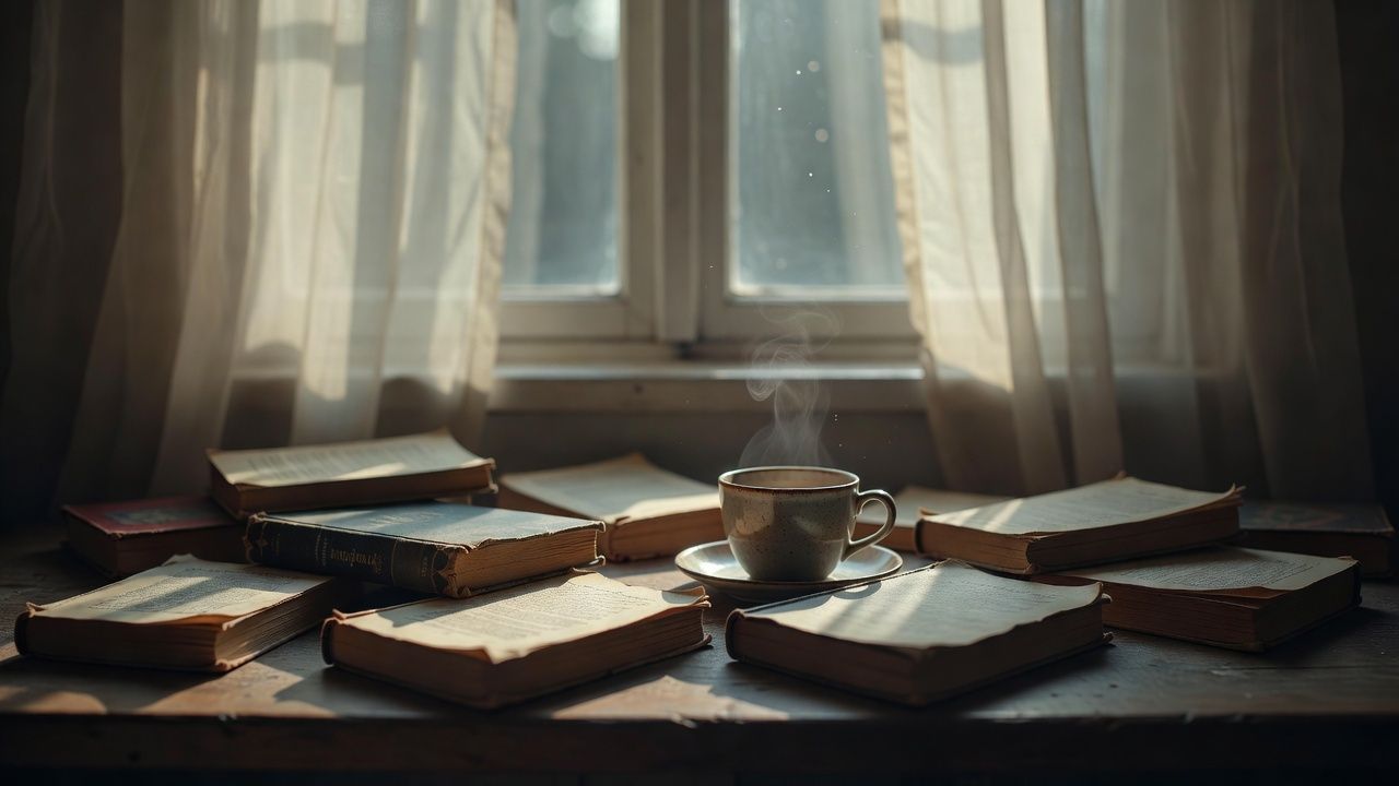 Worn paperbacks and a half-filled teacup on a windowsill