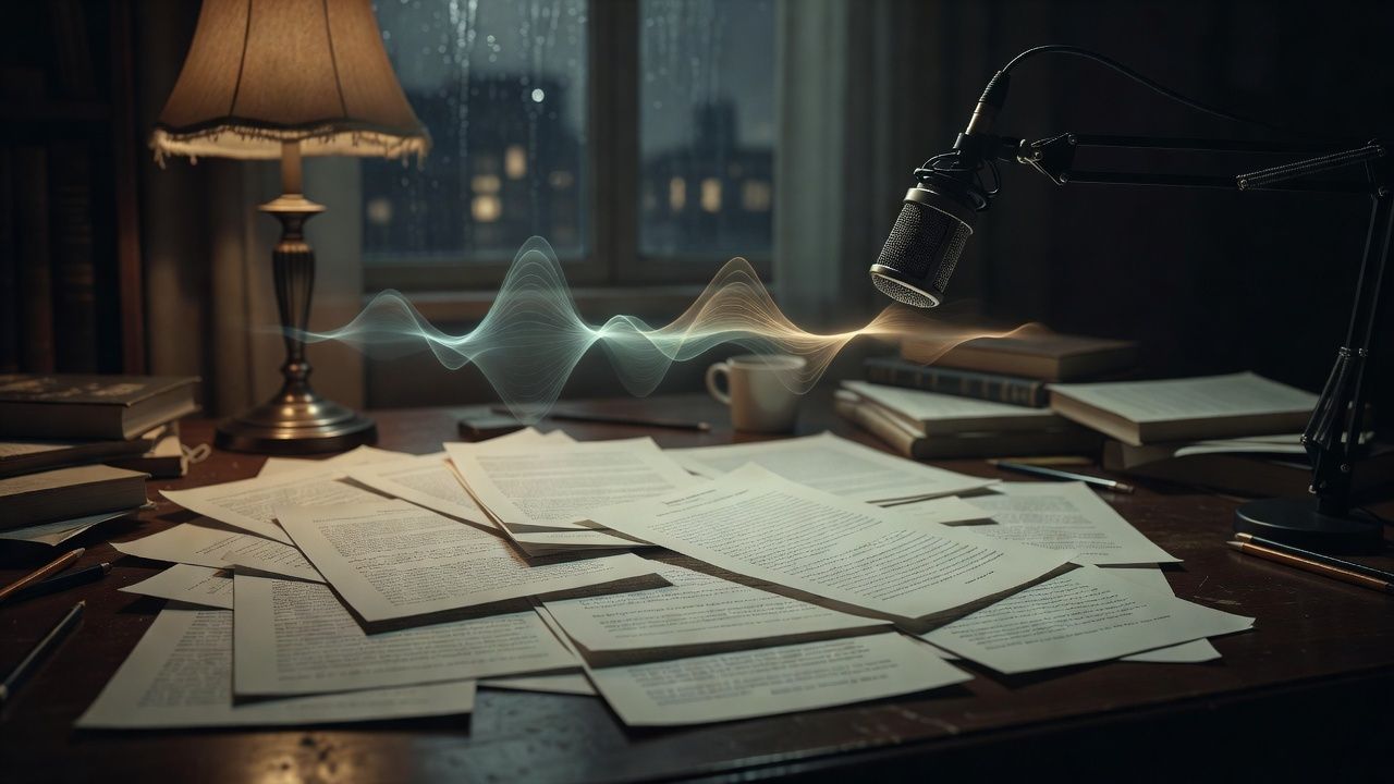 Typewritten manuscript pages scattered across a writing desk