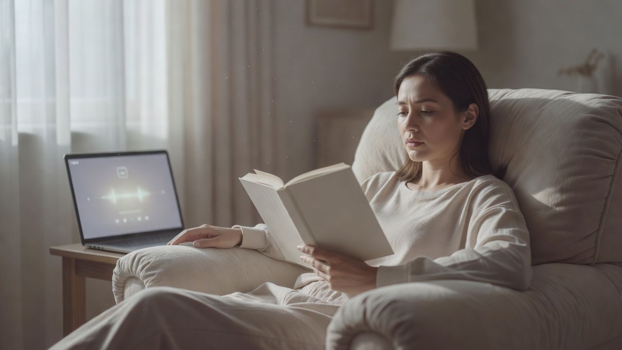 Reader reclined in a chair with an open paperback