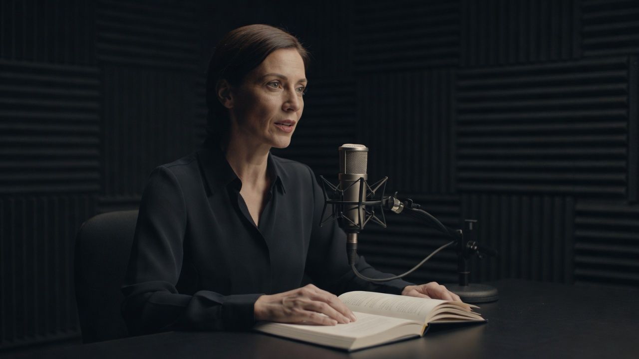Narrator reading aloud at a microphone in a quiet recording room