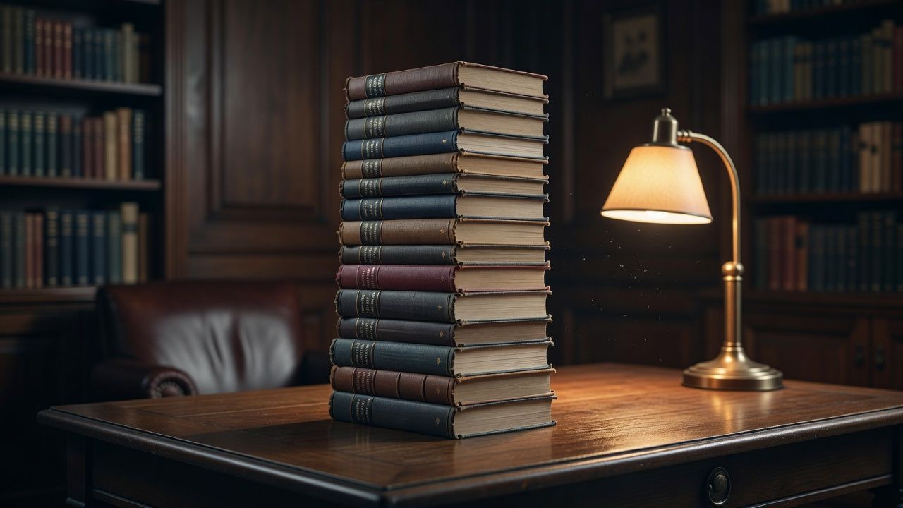 Tall stack of hardcover novels beside a brass desk lamp