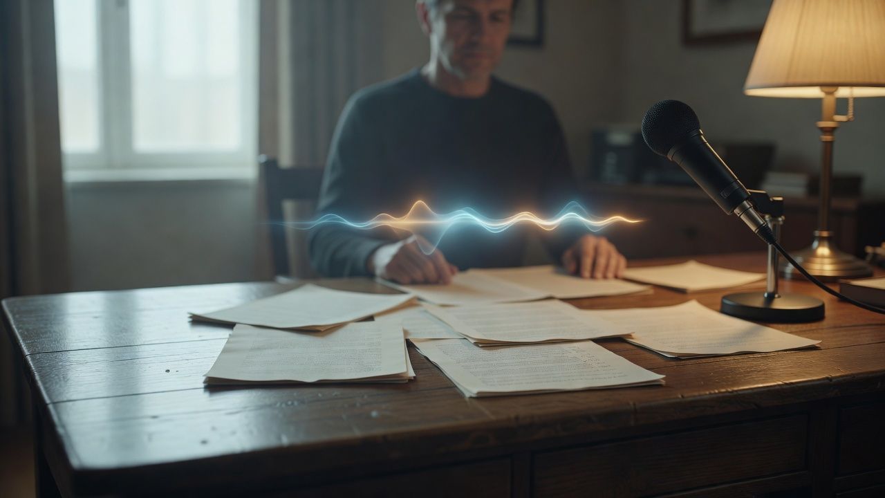 Open manuscript pages spread across a wooden writing desk