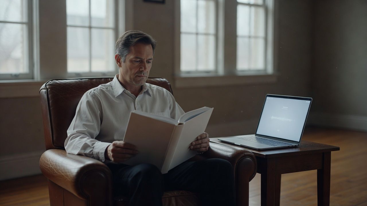 Reader seated in an armchair with an open hardcover book