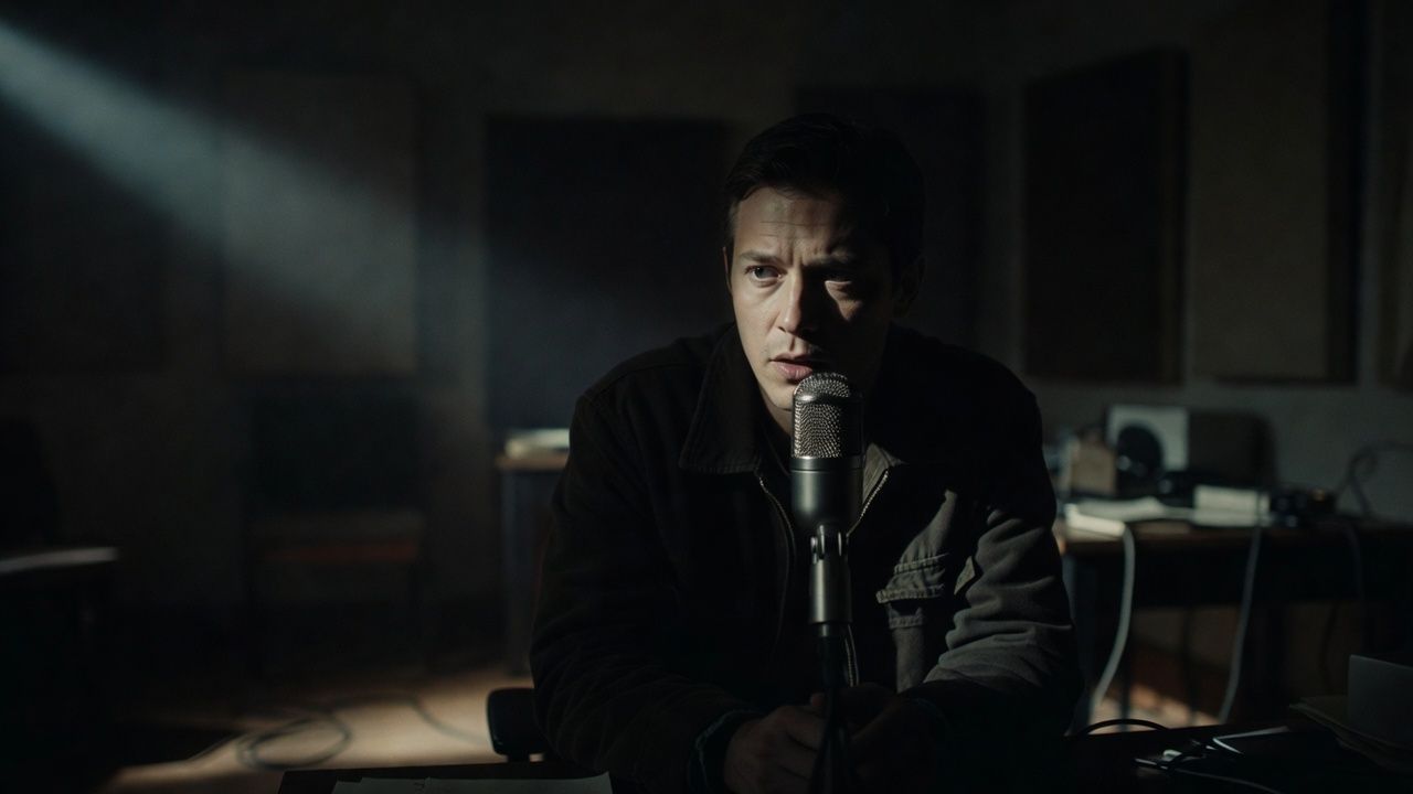 Narrator at a microphone half in shadow with an ambiguous, guarded expression