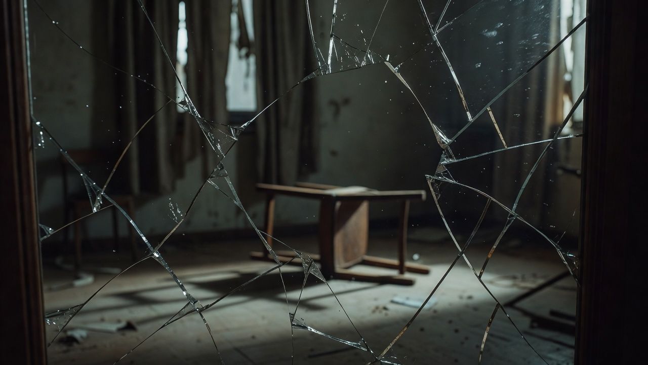 Cracked mirror reflecting a dim room with a single overturned chair
