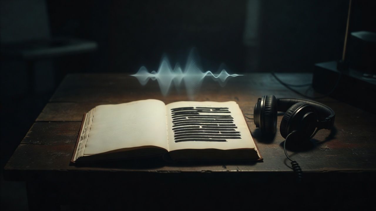 Open manuscript with several lines redacted in black beside studio headphones