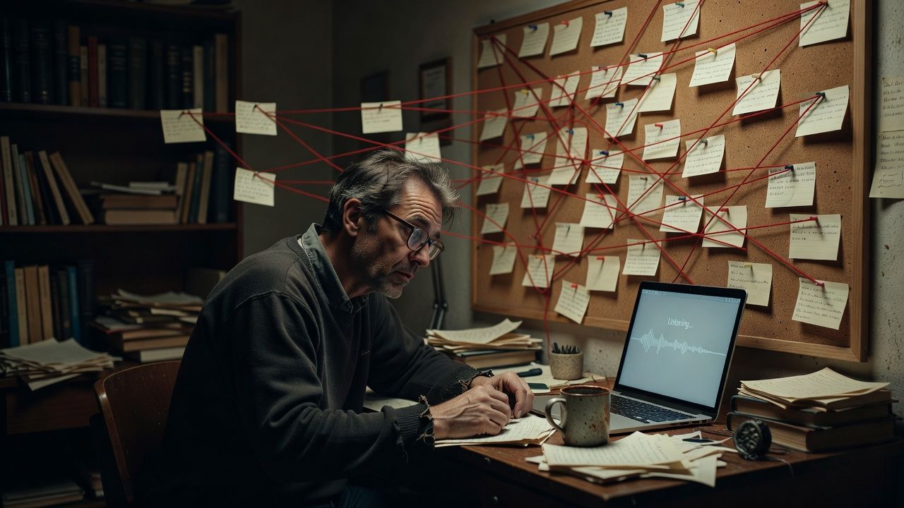 Writer at a desk surrounded by index cards connected with red string