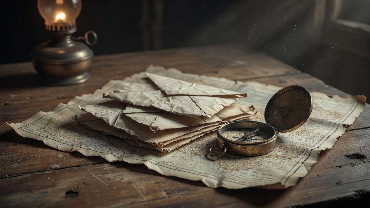 Folded letters and an old compass resting on a worn field map