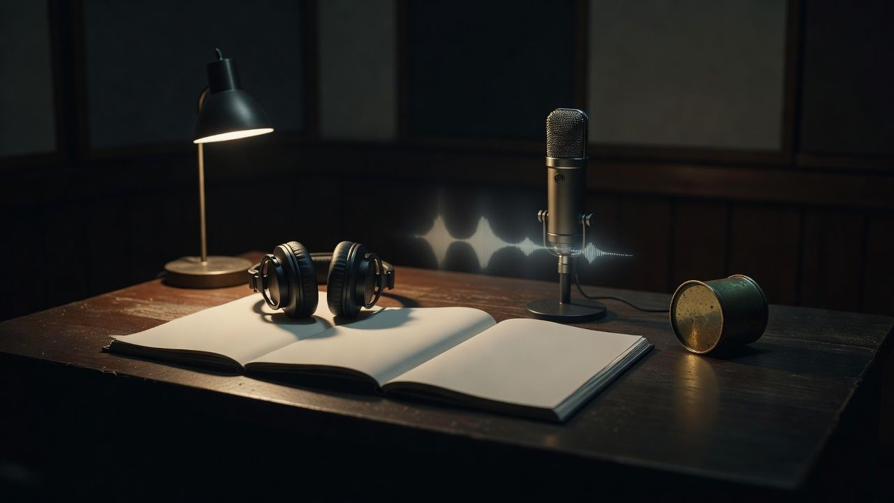 Open manuscript pages beside headphones and a brass shell casing on a desk