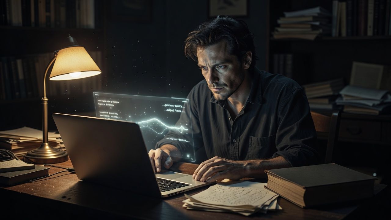 Reader at a desk under a single lamp with an open history book and notes