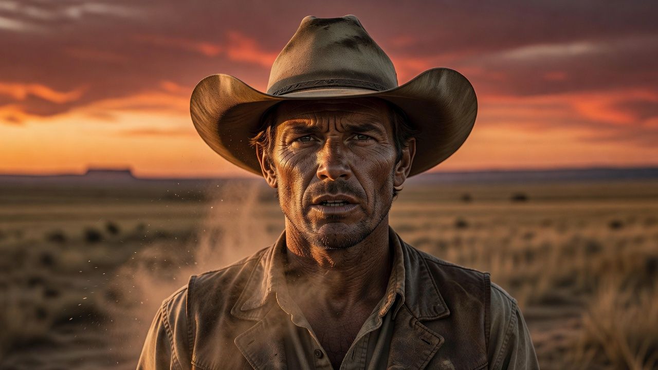 Lone rider silhouetted against a wide sunset over open plains