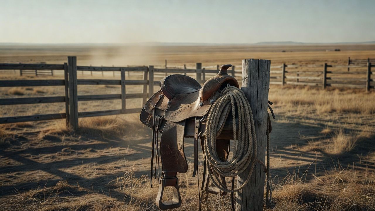 Worn leather saddle and a coiled rope beside a weathered fence post