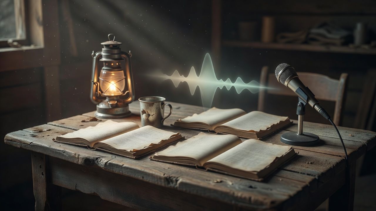 Open manuscript pages on a rough wooden table beside a tin coffee cup