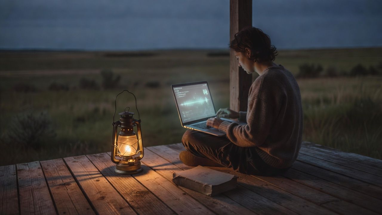 Reader seated on a porch at dusk with an open book and a lantern