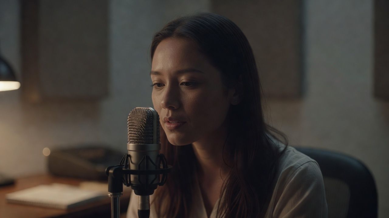 Person speaking close to a microphone in a dim, soft-lit room