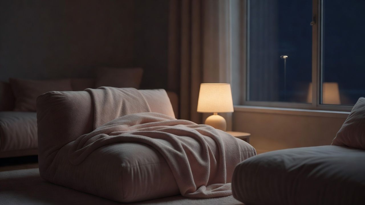 Soft blanket and a low lamp beside a window at night