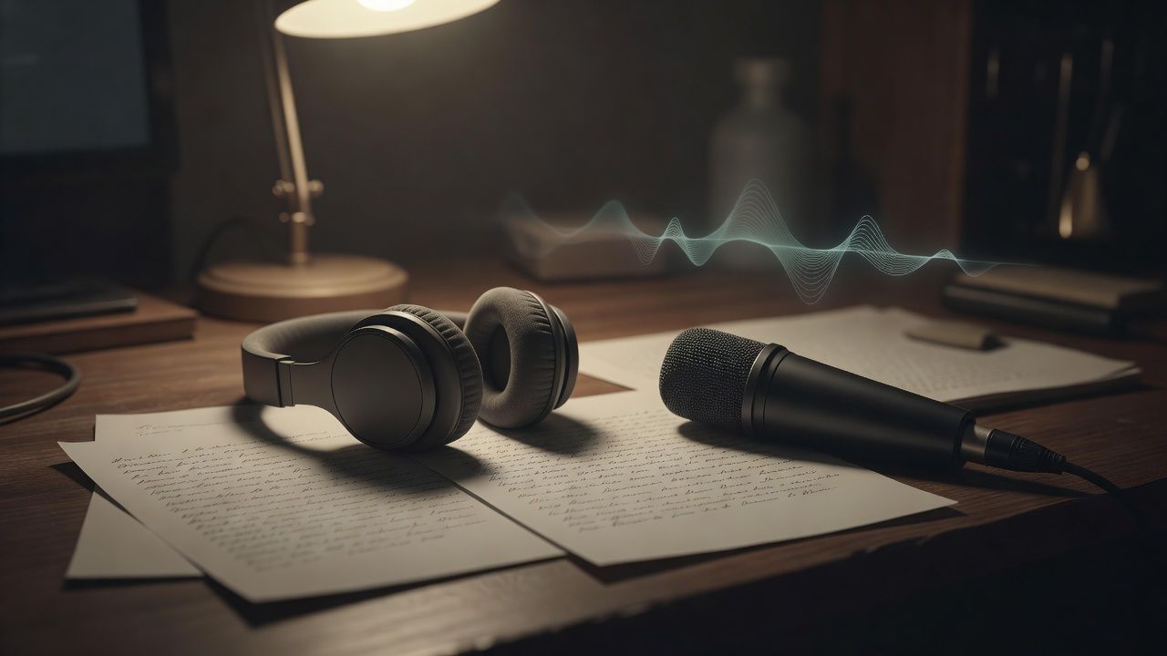 Script pages and soft over-ear headphones on a quiet desk