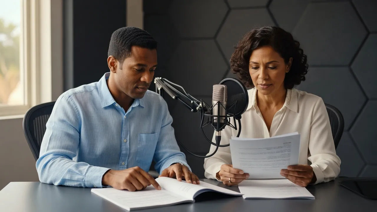 Two Barbadian voice actors reviewing an ad script in a recording room