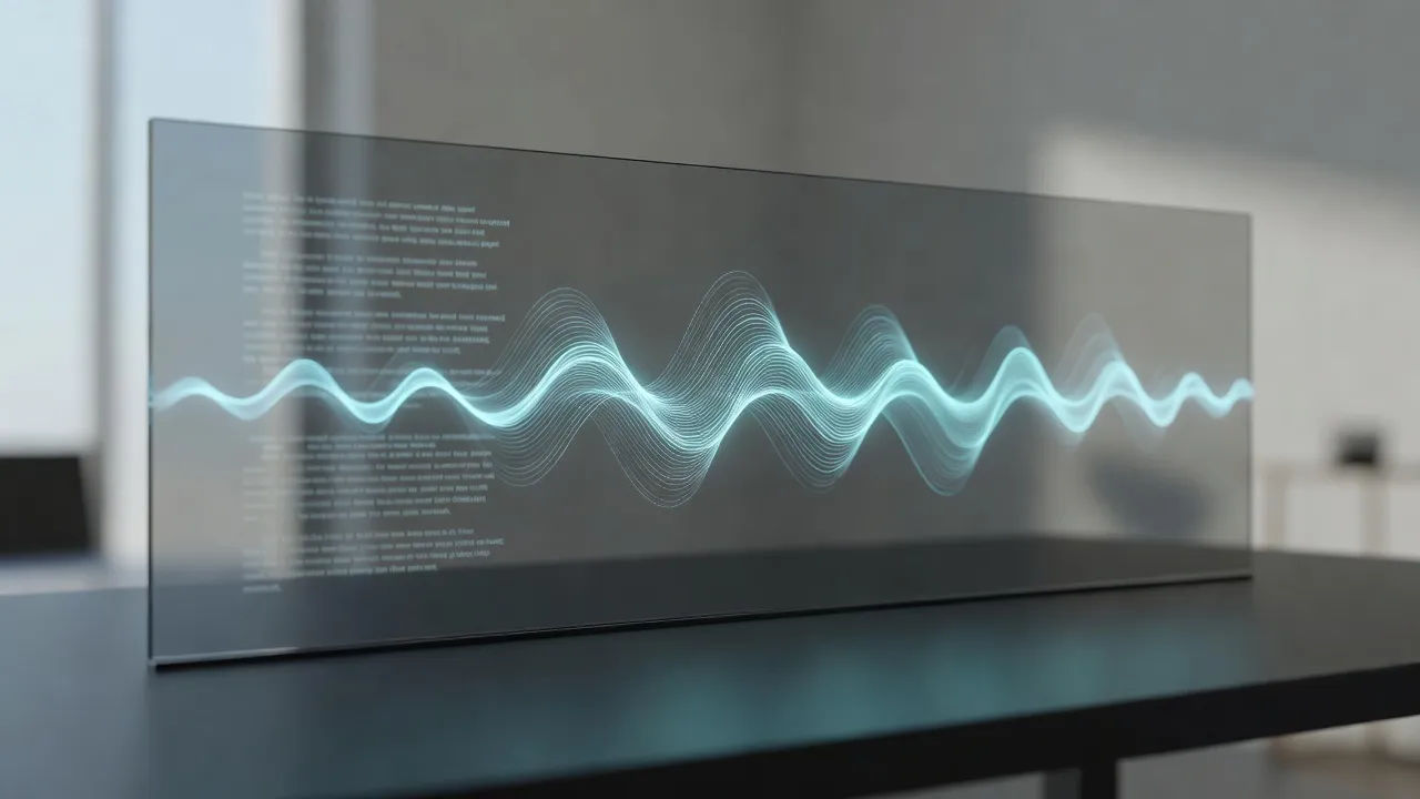 Ad script on a screen becoming a smooth voiceover waveform