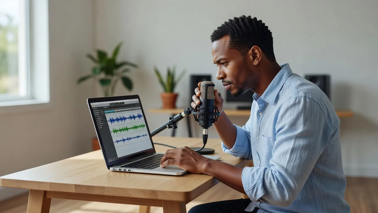 Editor tuning a Barbadian accent voice prompt on a laptop