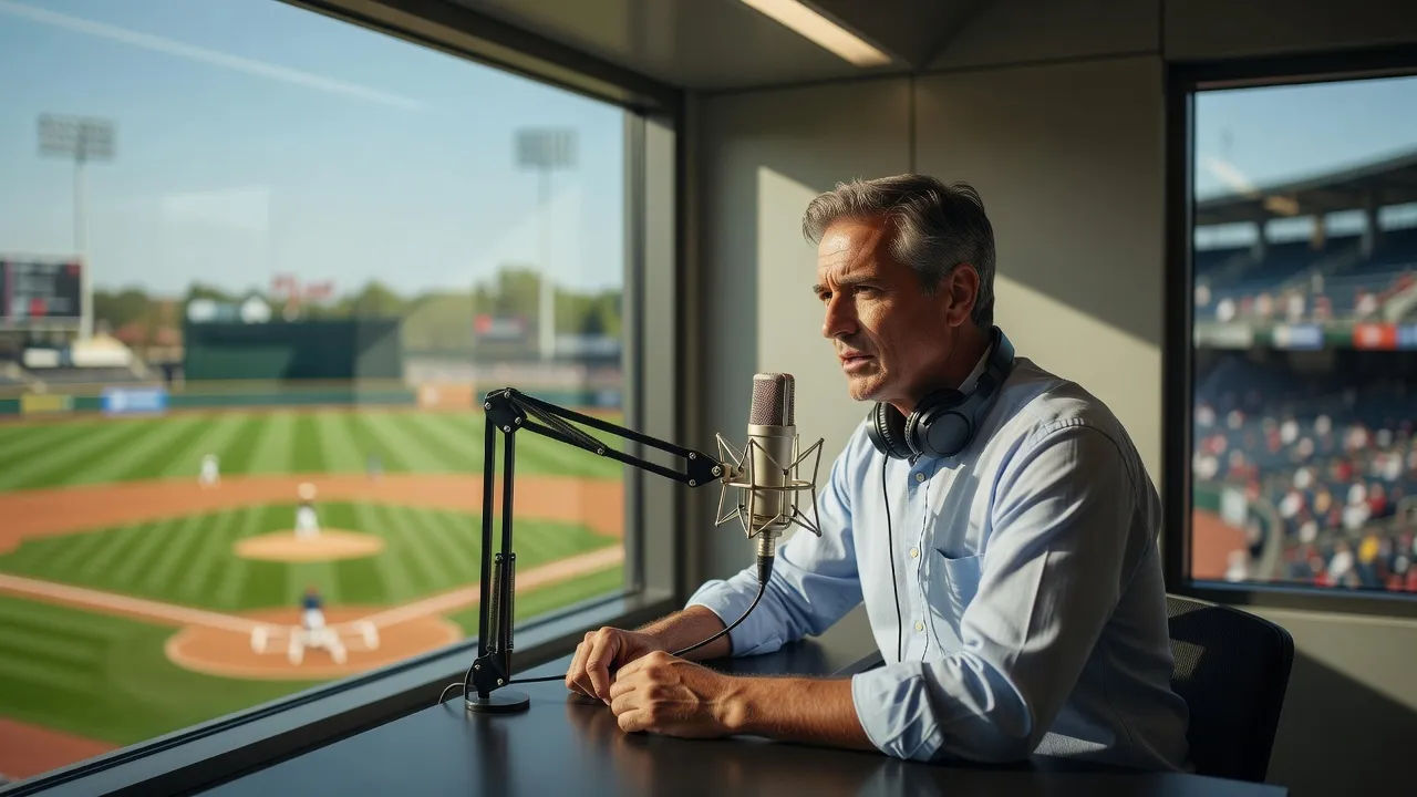 Play-by-play announcer at a booth mic above a sunlit ballpark diamond