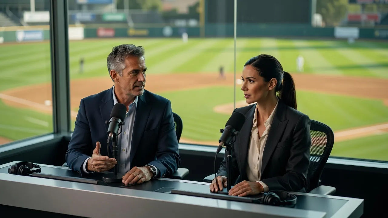 Two announcers at a booth desk overlooking a green ballpark outfield