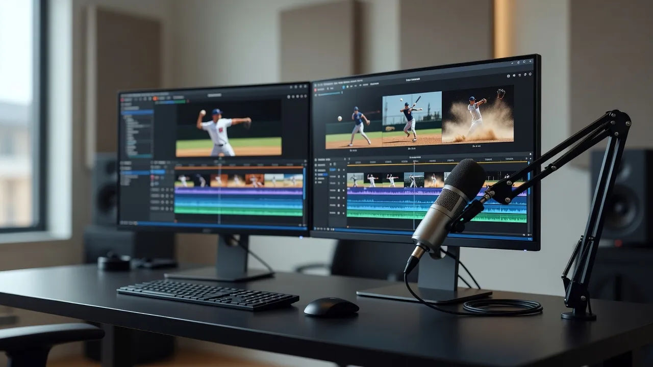 Editing bay with a baseball highlight timeline beside a broadcast mic