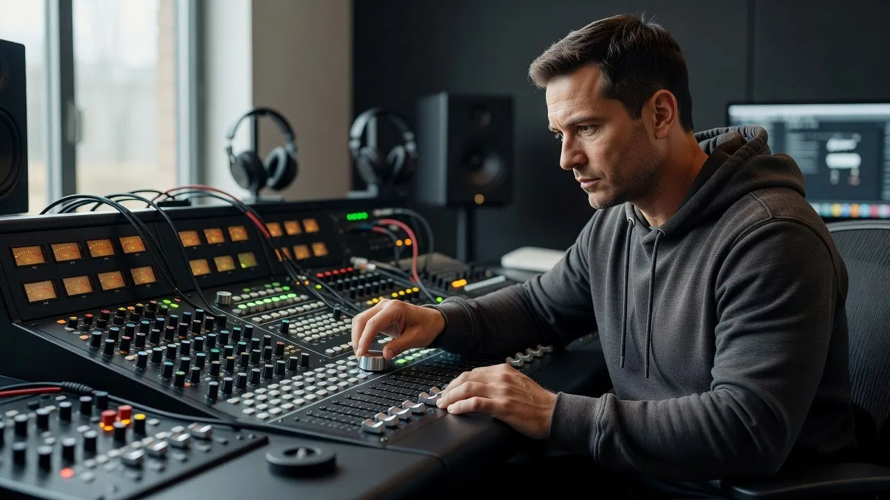 Sound designer at a console dialing in a baseball announcer voice