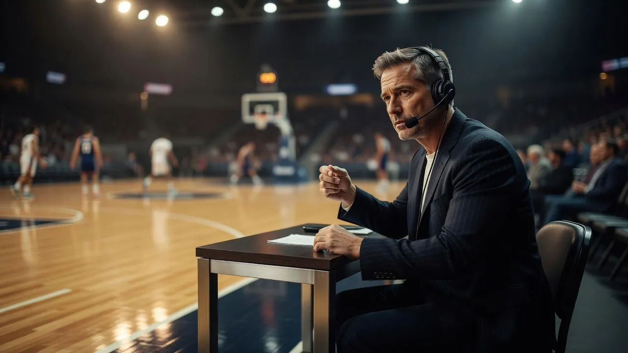 Courtside announcer in a headset at a scorer table beside a lit hardwood floor
