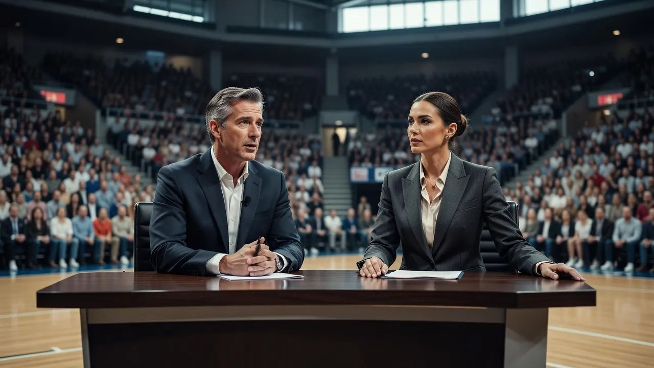 Two announcers at a courtside desk over a packed arena floor