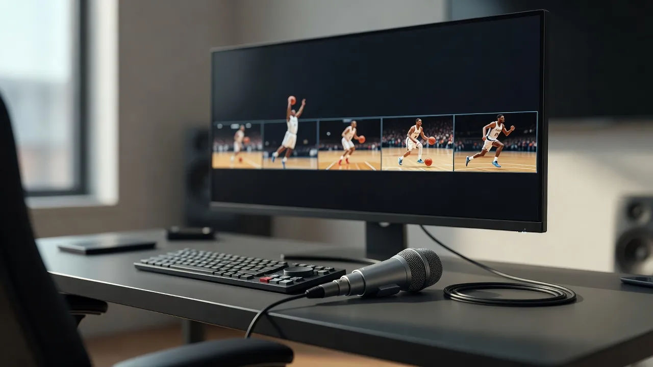 Editing bay with a basketball highlight timeline beside a courtside mic