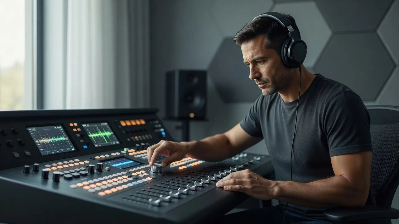 Sound designer at a console dialing in a basketball announcer voice