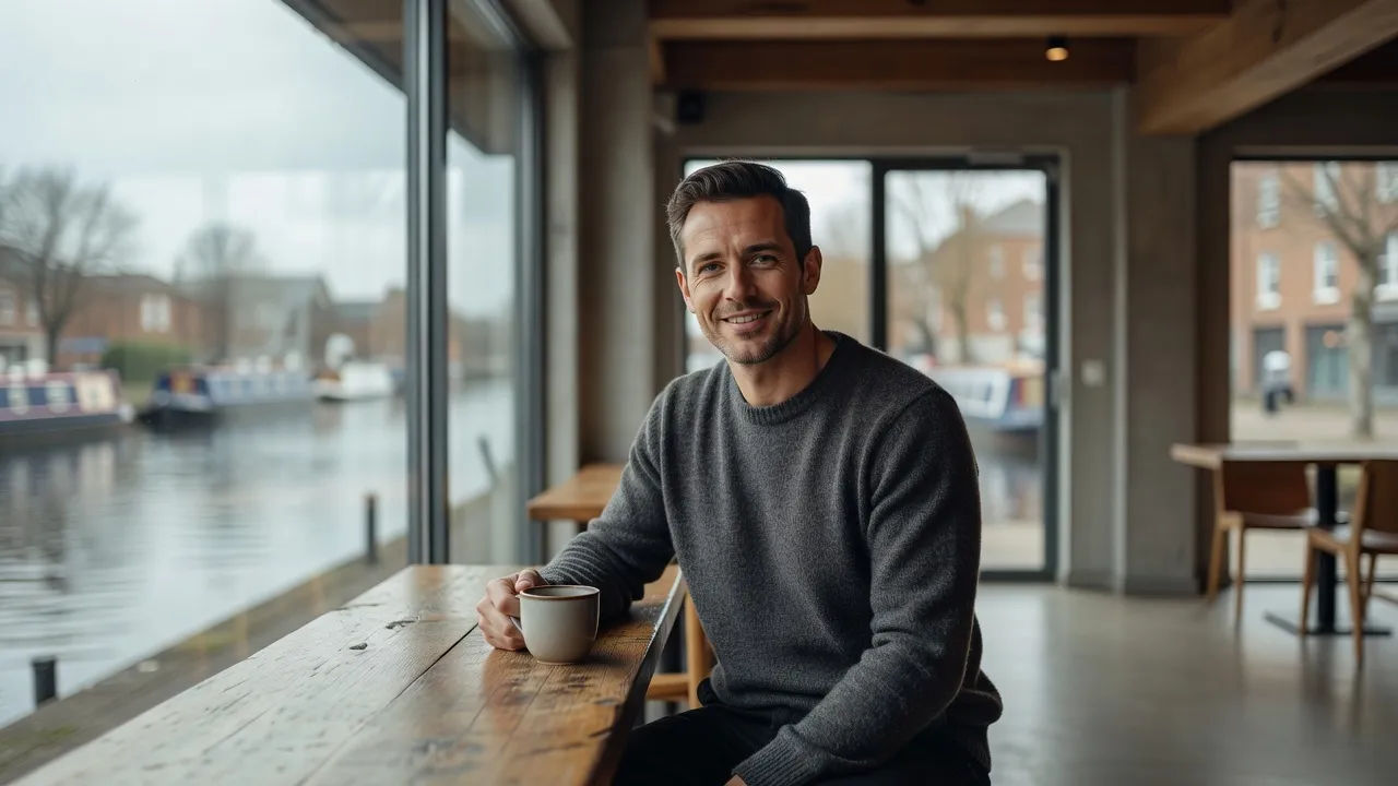 An easygoing character in a Birmingham canal-side cafe speaking to camera